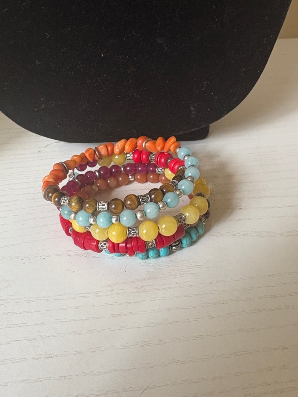 Colorful Multi-Strand Beaded Coil Bracelet - Red, Turquoise, Yellow, Orange
